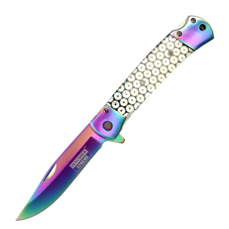 13783 - Defender-Xtreme 9" Rainbow Blade Glitter Handle Steel Bolster Folding Knife