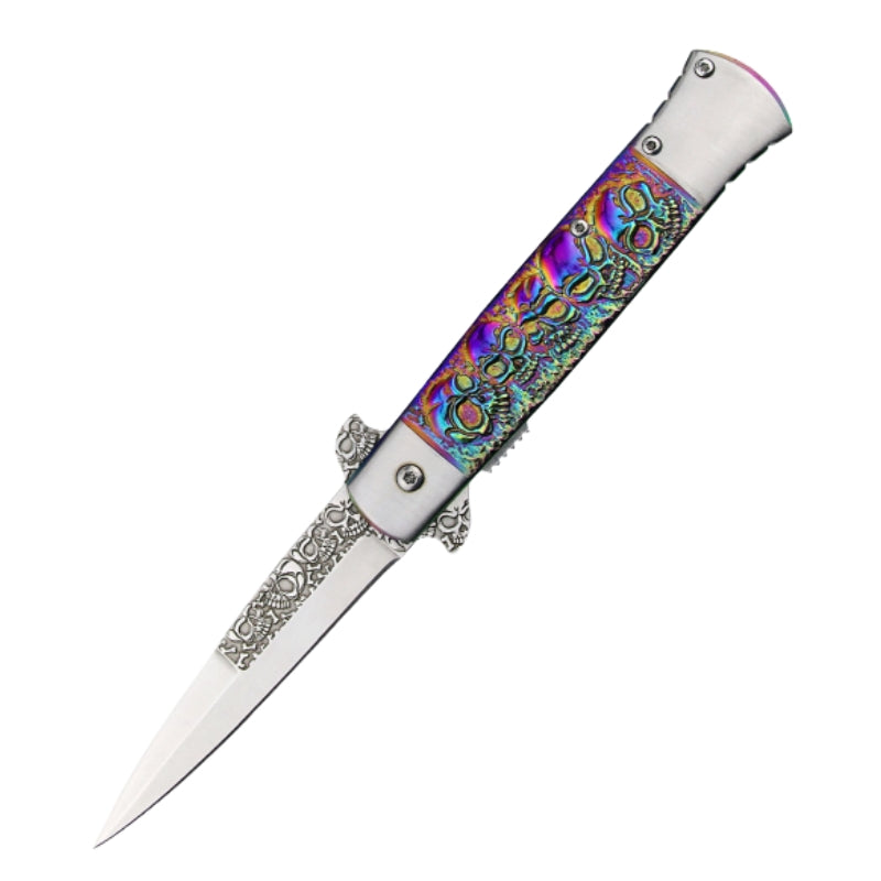 14280 - Multi-Color Skull Pattern Handle Folding Knife With Belt Clip