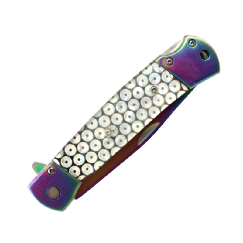 13783 - Defender-Xtreme 9" Rainbow Blade Glitter Handle Steel Bolster Folding Knife