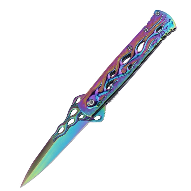 14281 - 9" Rainbow Color Flame Handle Folding Knife With Belt Clip