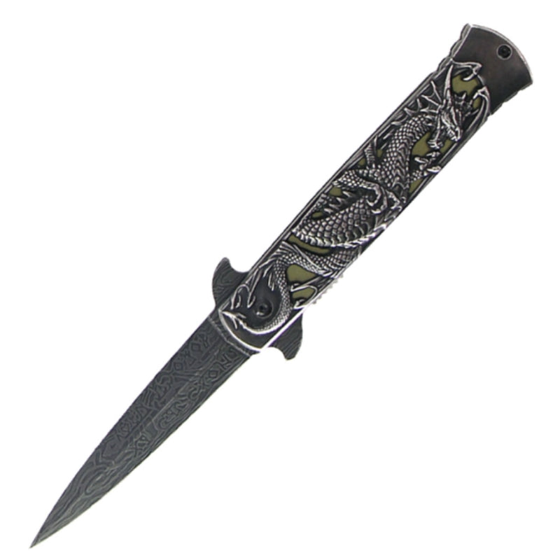 14305 - 9" Folding Knife Dragon Pattern Anodized Aluminium Handle With Belt Clip