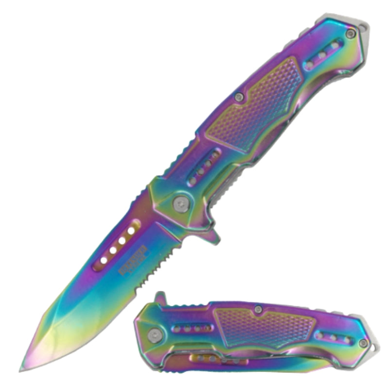 14489 - Defender-Xtreme 8.5" Rainbow Titanium Coating Serrated Blade Folding Knife 3CR13 Steel