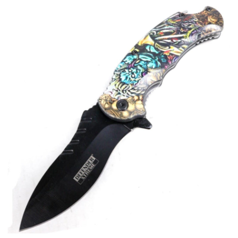 13173 - Defender-Xtreme 8.5" Devil Warrior Folding Knife With Belt Clip