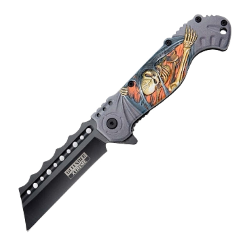 14638 - Defender-Xtreme 8.5" Skull Design ABS Handle 3CR13 Steel Folding Knife