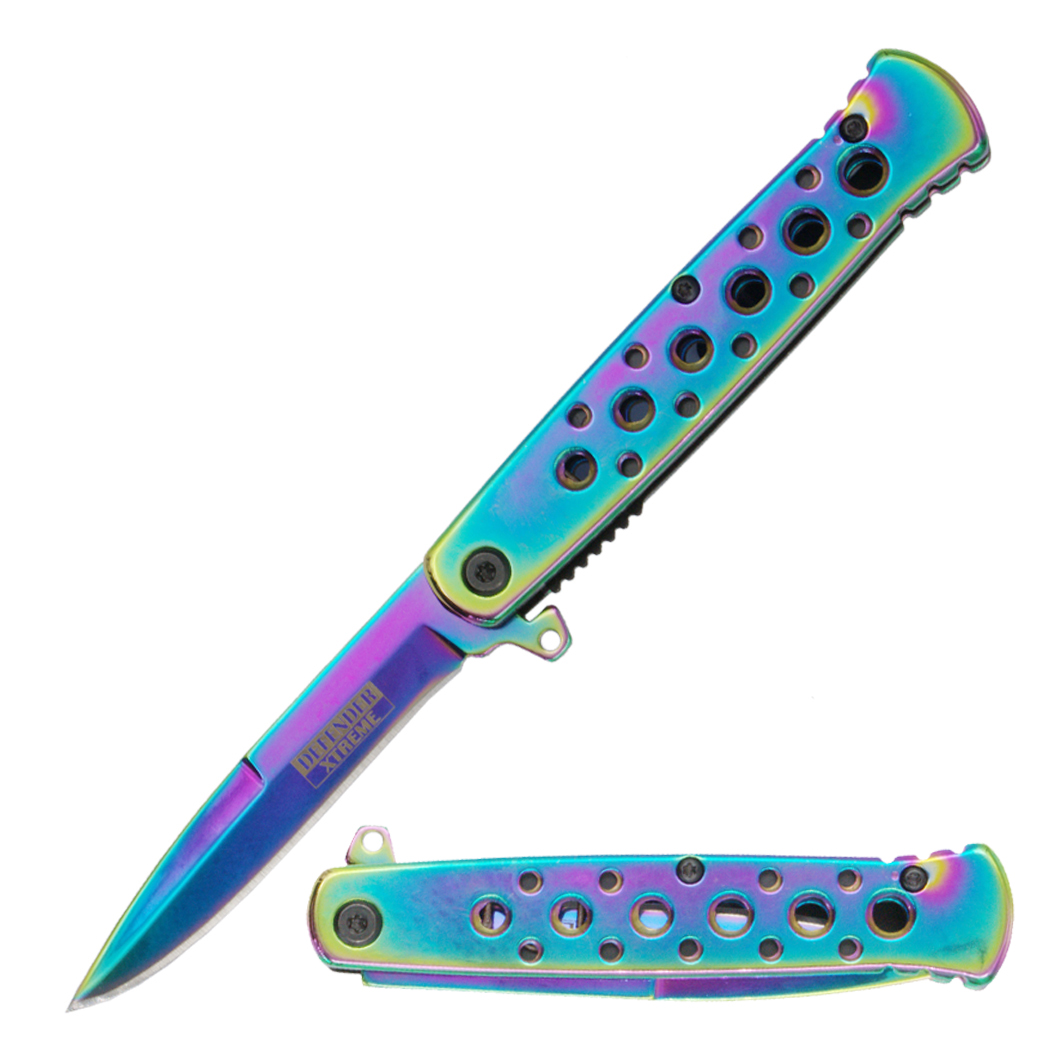 14479 - Defender-Xtreme 7" Rainbow Titanium Coating Spring Assisted Folding Knife 3CR13 Steel With Belt Clip