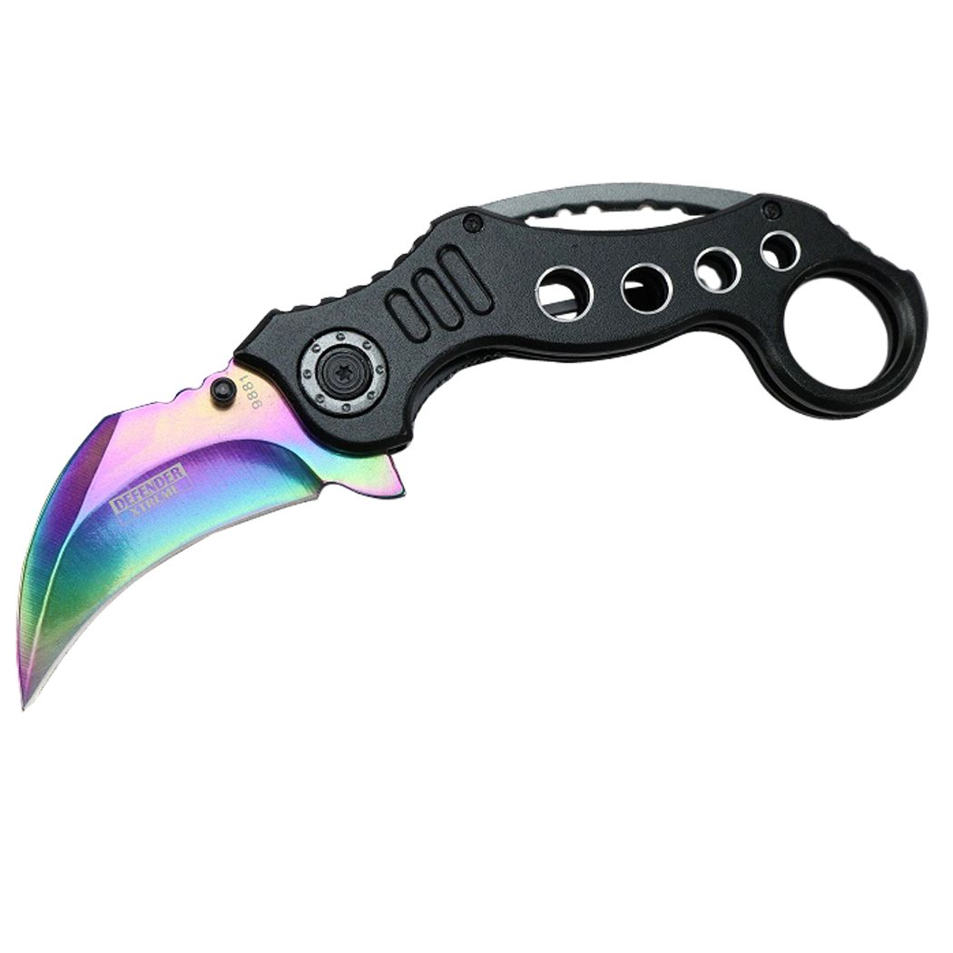 9881 - Defender-Xtreme 7" Spring Assisted Rainbow Handle Skinner Knife Steel Blade New