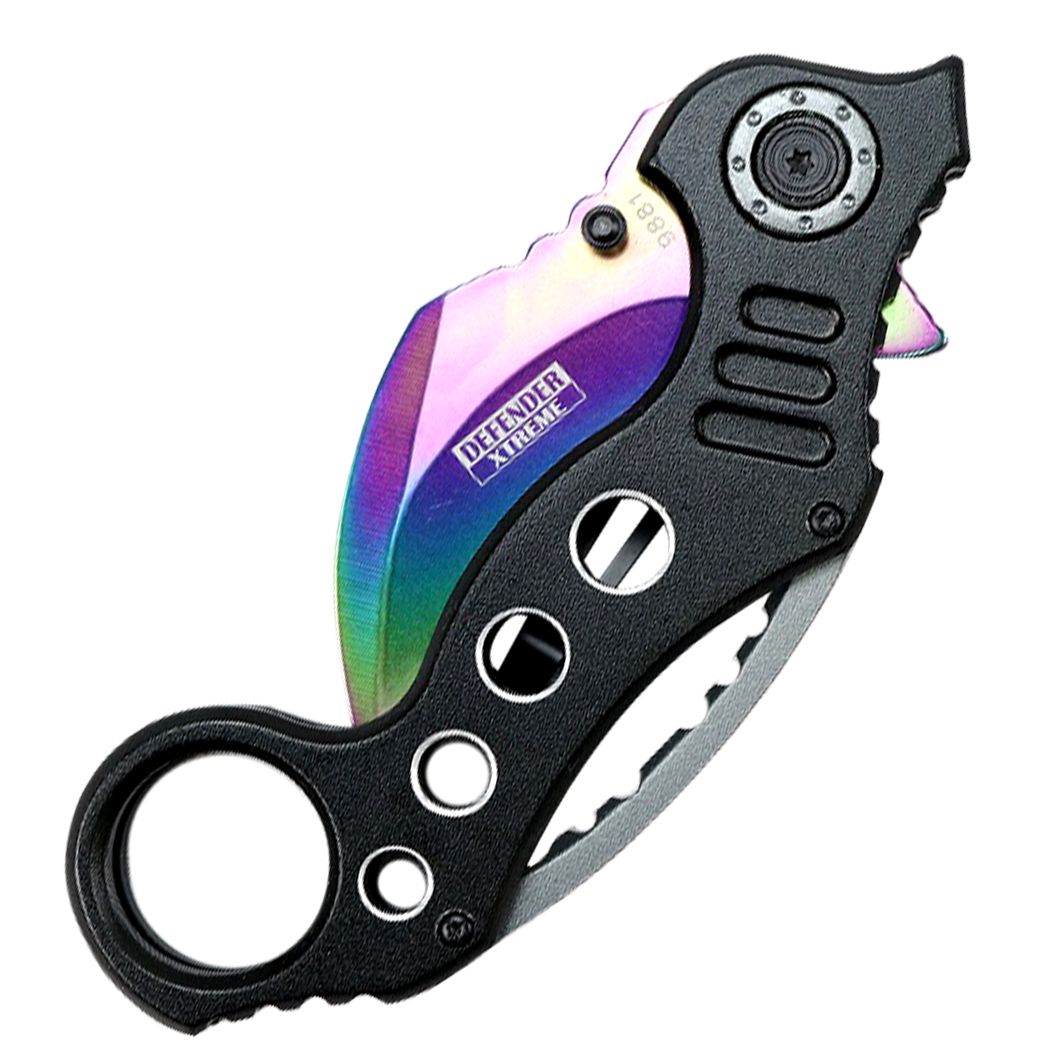 9881 - Defender-Xtreme 7" Spring Assisted Rainbow Handle Skinner Knife Steel Blade New