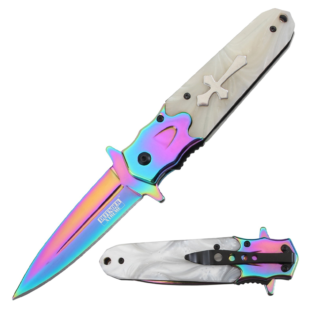 Defender-Xtreme 8.5" White Acrylic Handle Rainbow Bolster & Blade Folding Knife (14207)