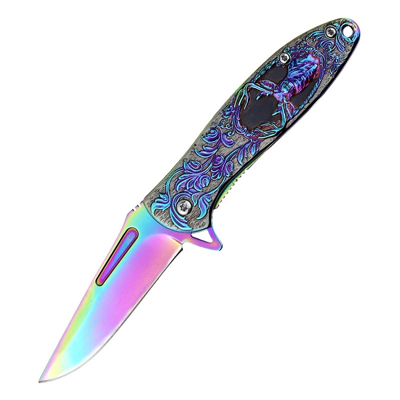 14283 - All Rainbow Color Fantasy 3D Sculpted Deer Handle Spring Assisted Folding Knife With Belt Clip