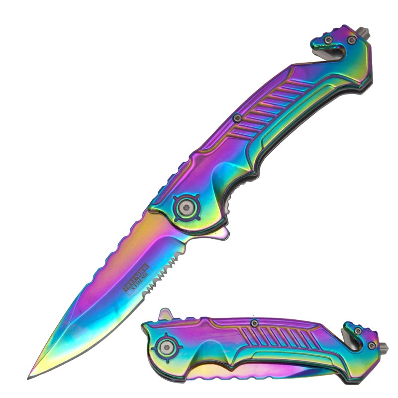 14475 - Defender-Xtreme 9" Rainbow Titanium Coating Serrated Blade Spring Assisted Folding Knife 3CR13 Steel