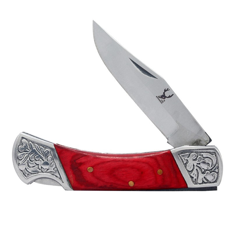 14560 - TheBoneEdge 7" Red Wood Handle Stainless Steel Blade Folding Knife With Leather Pouch