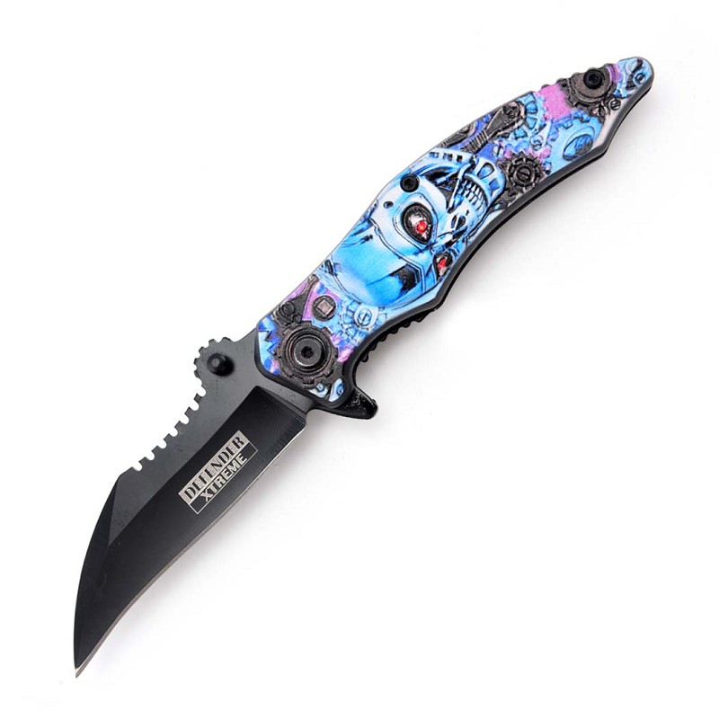 14641 - Defender-Xtreme 7.85" Skull Design ABS Handle Blue 3CR13 Steel