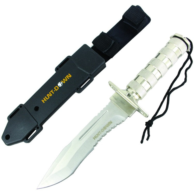9824 - Hunt-Down 12" All Chrome Fixed Blade Survival Knife - Survival Kit & Compass