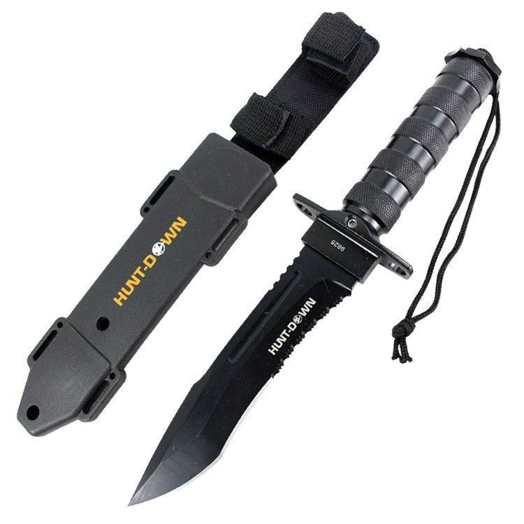 9825 - Hunt-Down 12" All Black Fixed Blade Survival Knife - Survival Kit & Compass