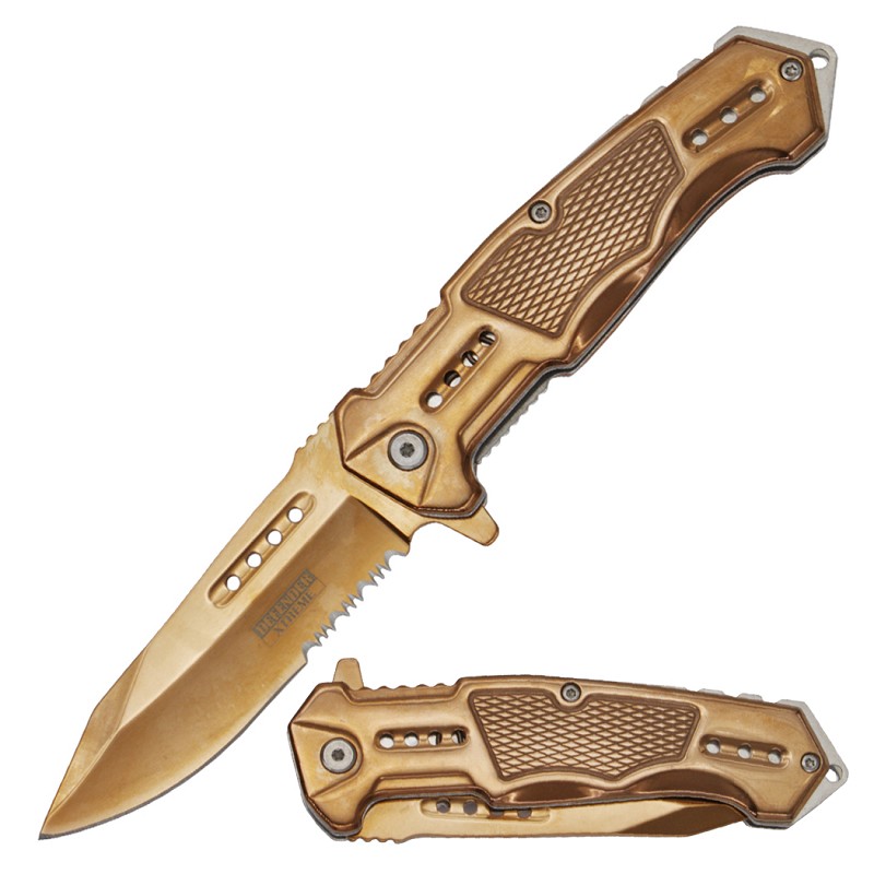14488 - Defender-Xtreme 8.5" Brown Titanium Coating Serrated Blade Spring Assisted Folding Knife 3CR13 Steel