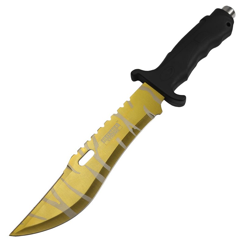13357 - Defender-Xtreme 13" Gold Coating Tiger Texture Blade Hunting Knife Stainless Steel