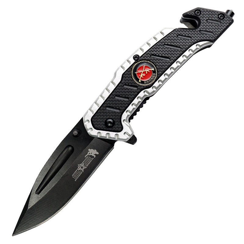 13712 - 8" Silver & Black Spring Assisted Folding Knife Heavy Duty Steel